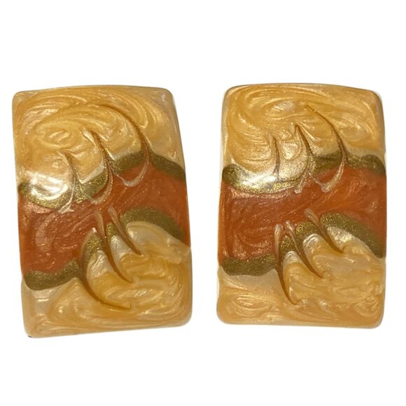 Vintage Cream Beige Copper Swirl Enamel Clip On Earrings 70s 80s Retro Fall - Picture 1 of 11
